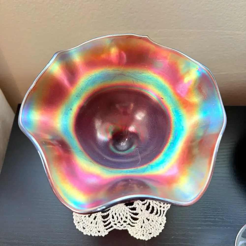 Antique Northwood Amethyst Rainbow Carnival Glass Pedestal Dish, Basket Weave